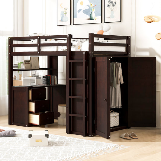 Dark wood loft bed with desk and wardrobe