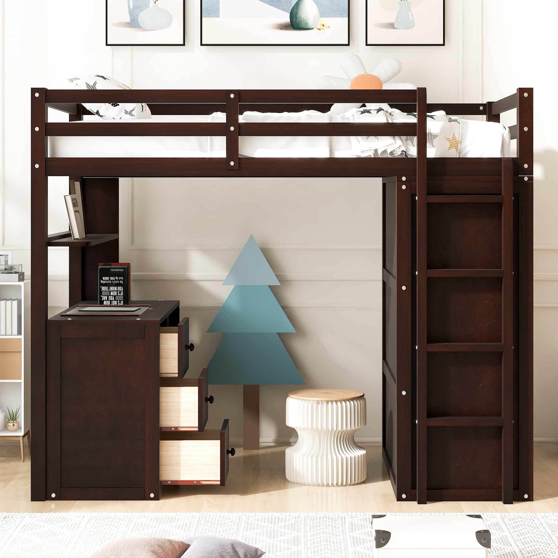 Dark brown wooden loft bed with desk and drawers
