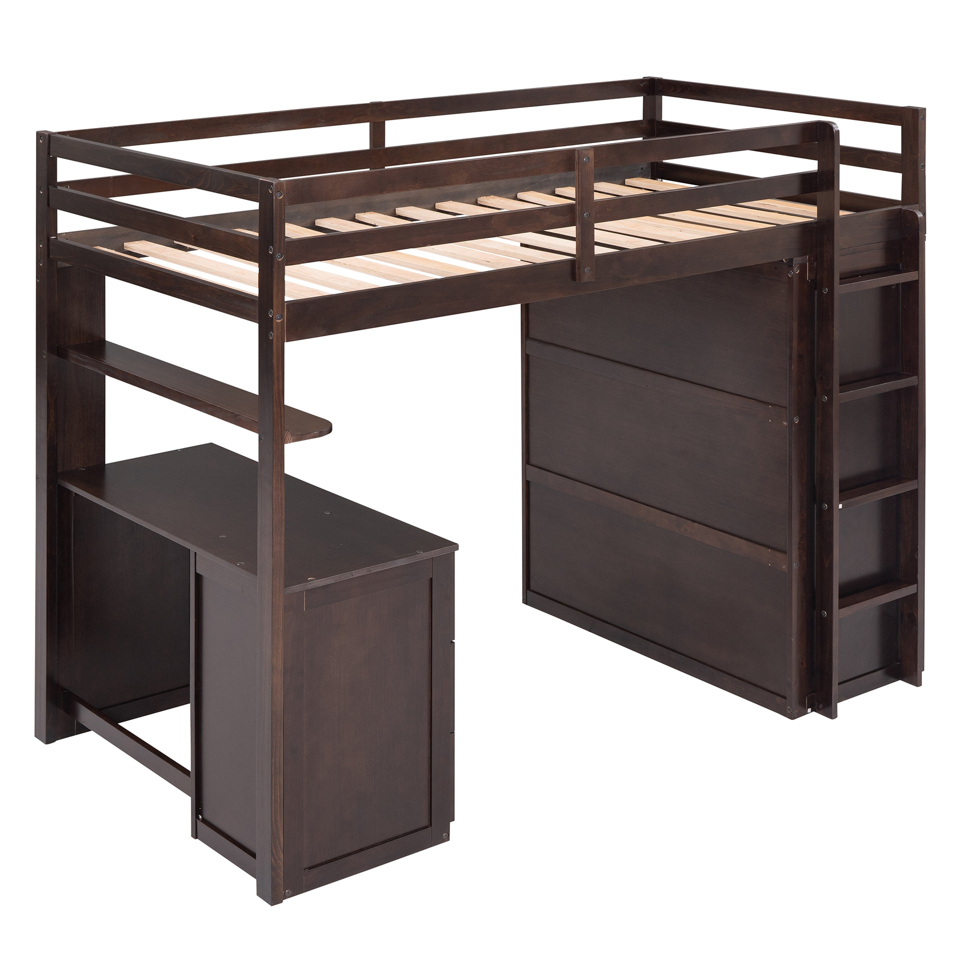 Dark brown wood loft bed with integrated desk and shelving