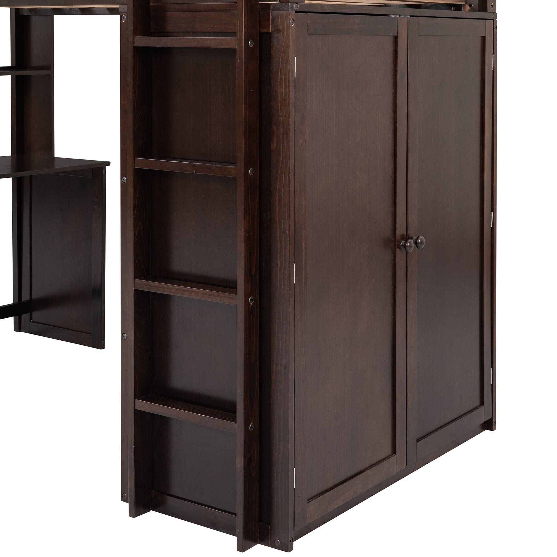 Dark brown wooden loft bed with dual cabinet doors and open shelving