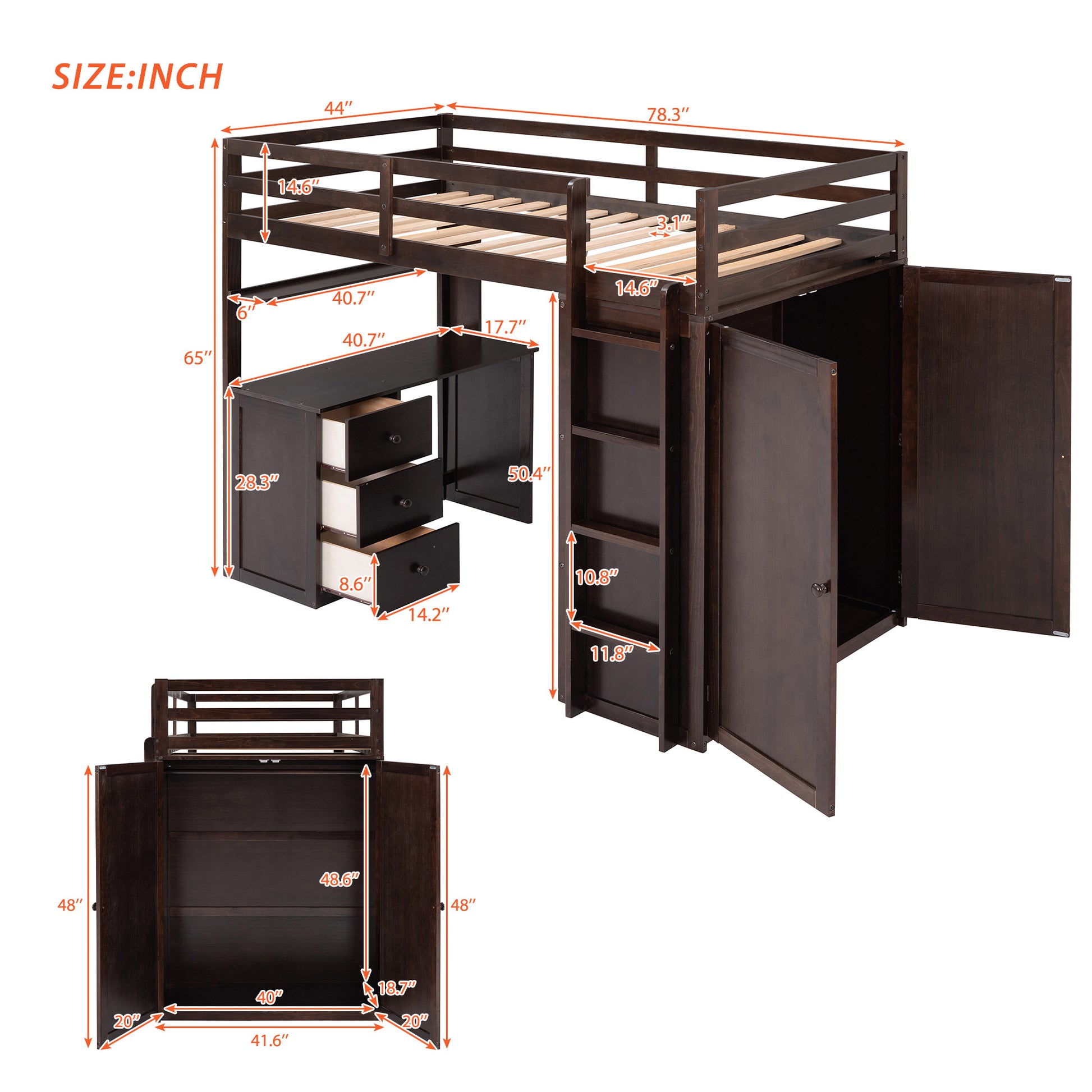 Dark brown loft bed with desk and wardrobe