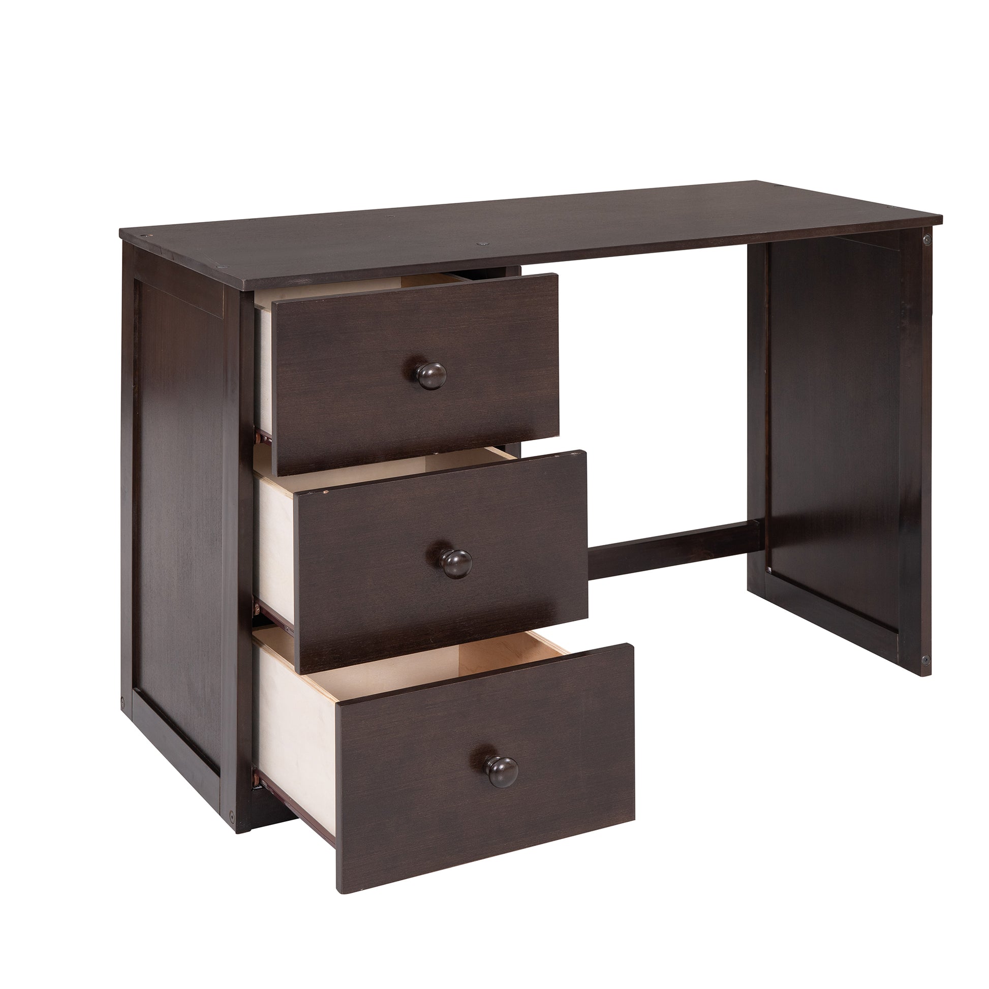 Dark brown wooden computer desk with three pullout drawers