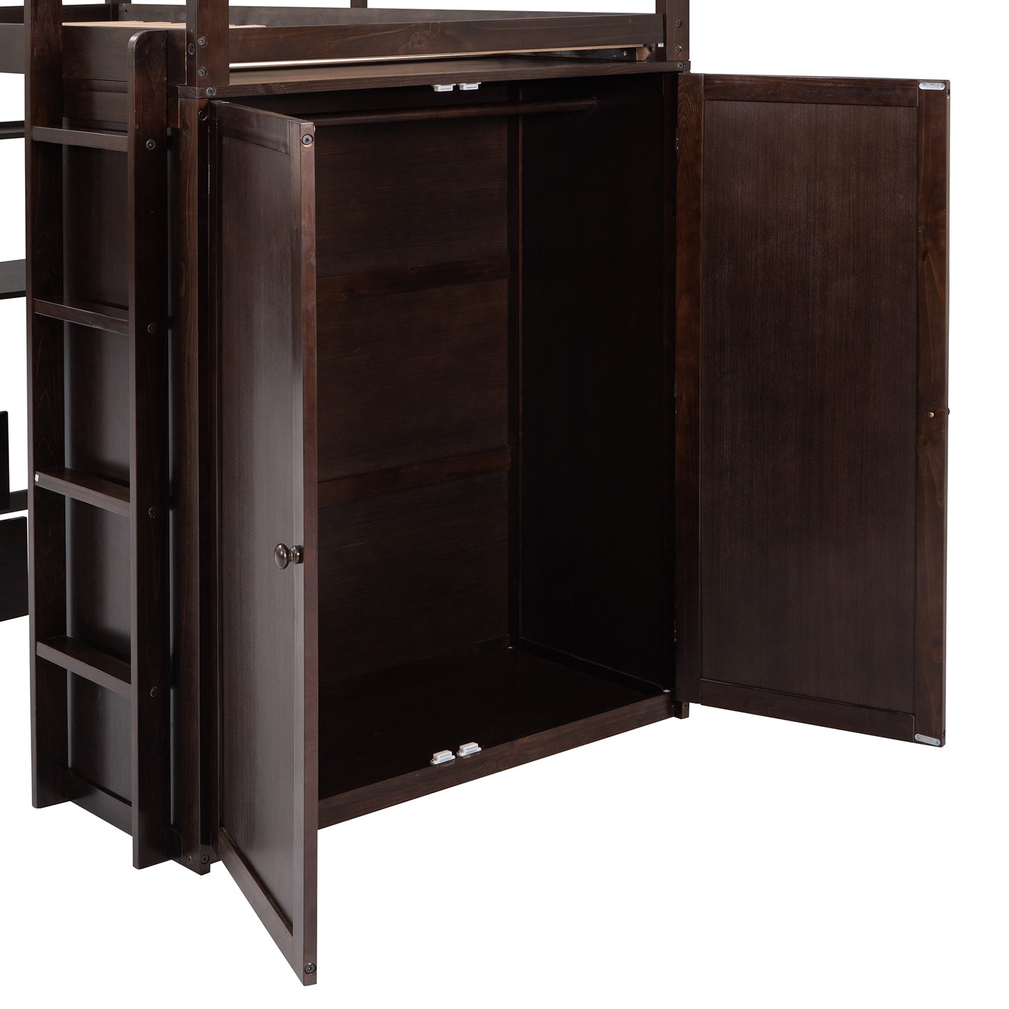 Dark wood loft bed wardrobe with open doors and hanging rod