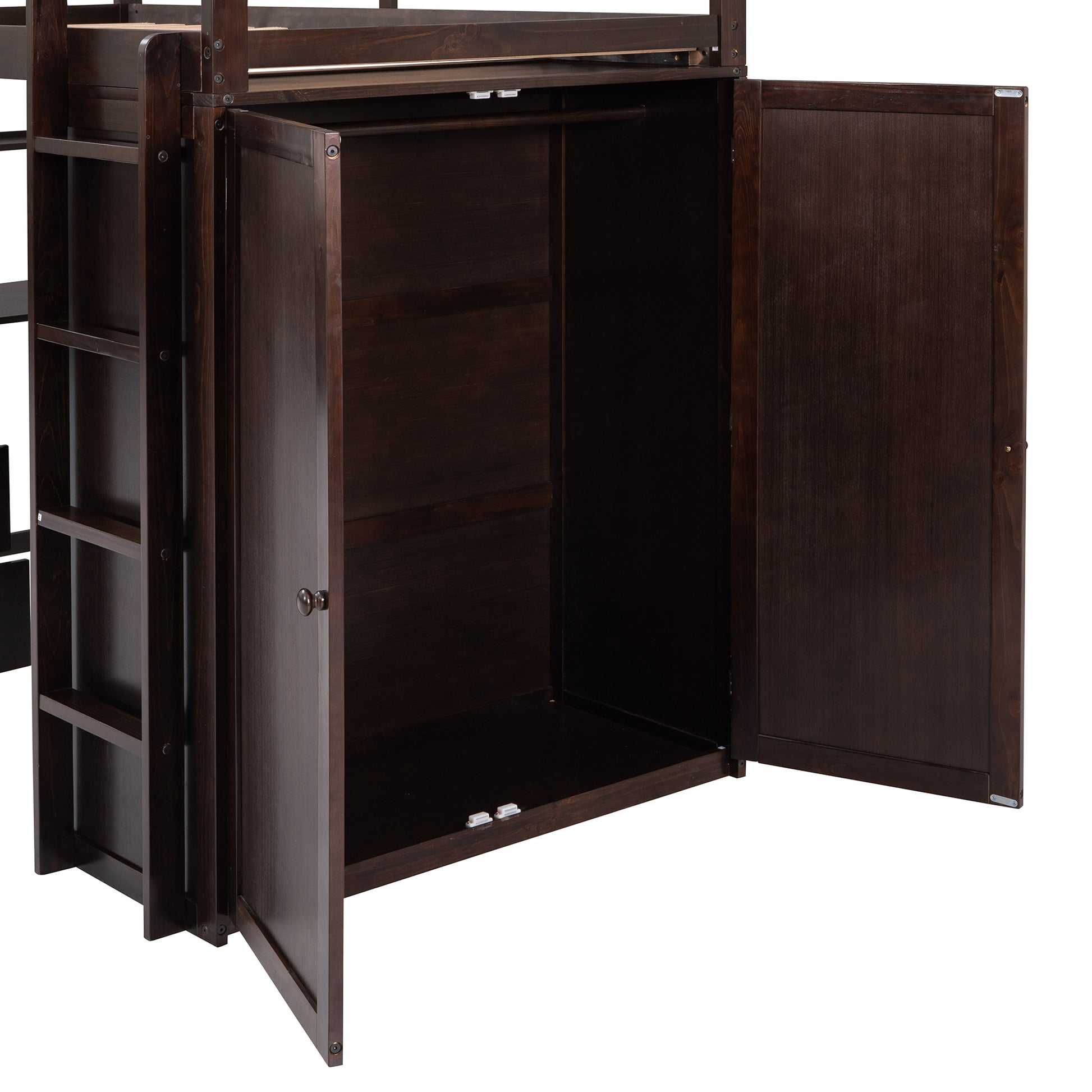 Dark wood loft bed wardrobe with open doors and hanging rod