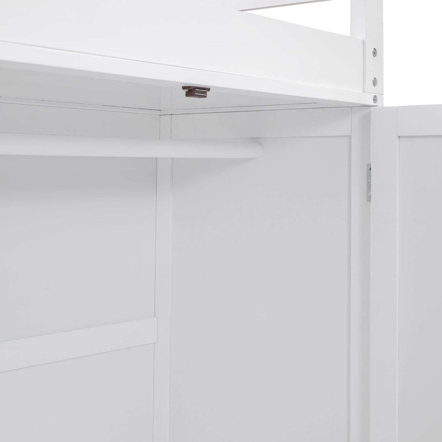 White loft bed frame interior with clothes rail