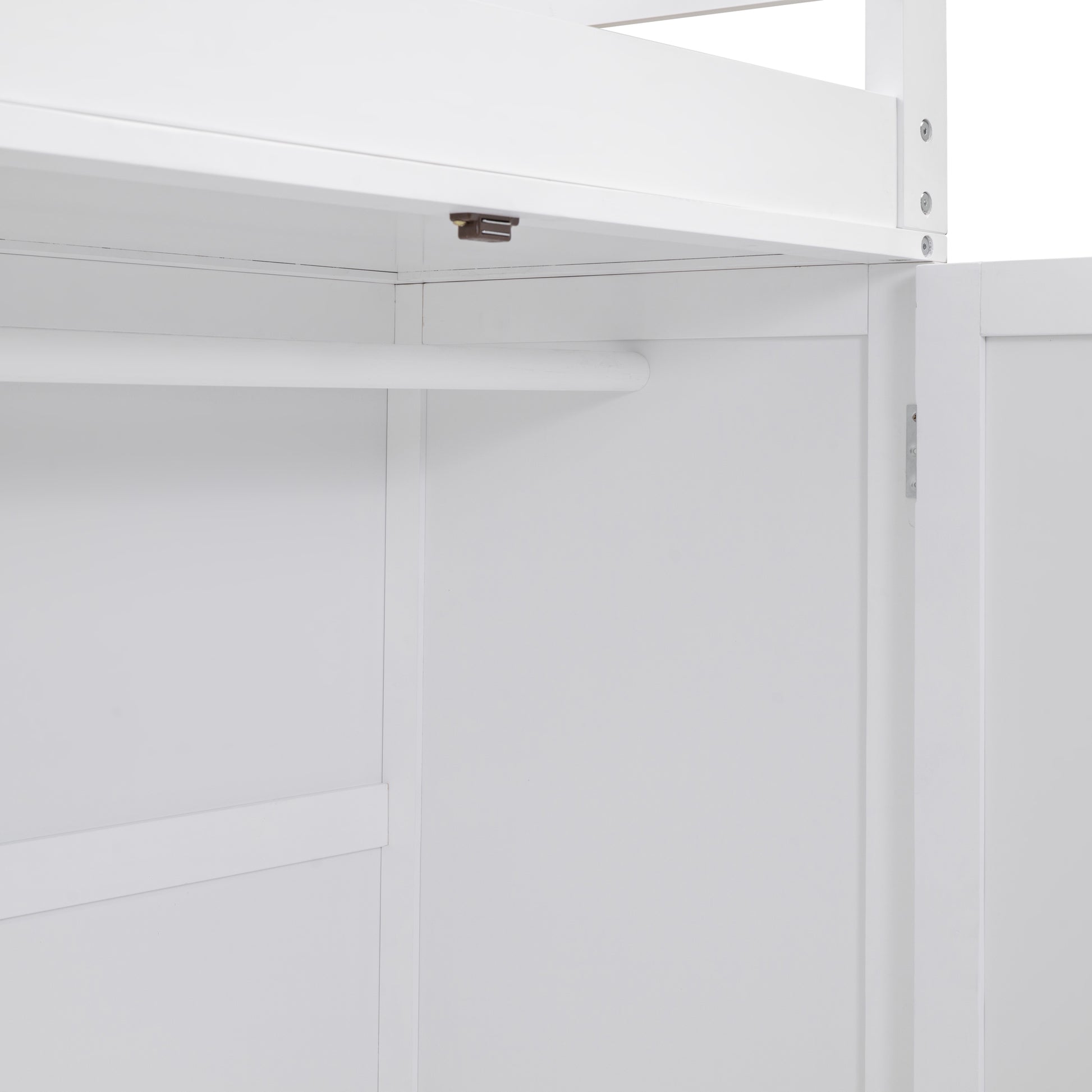 White loft bed frame interior with clothes rail
