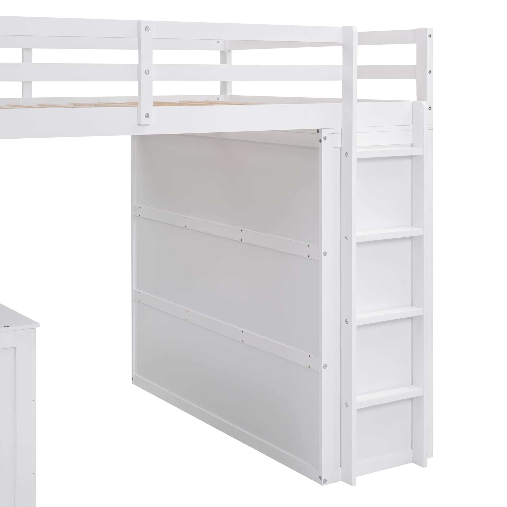 White loft bed frame with ladder