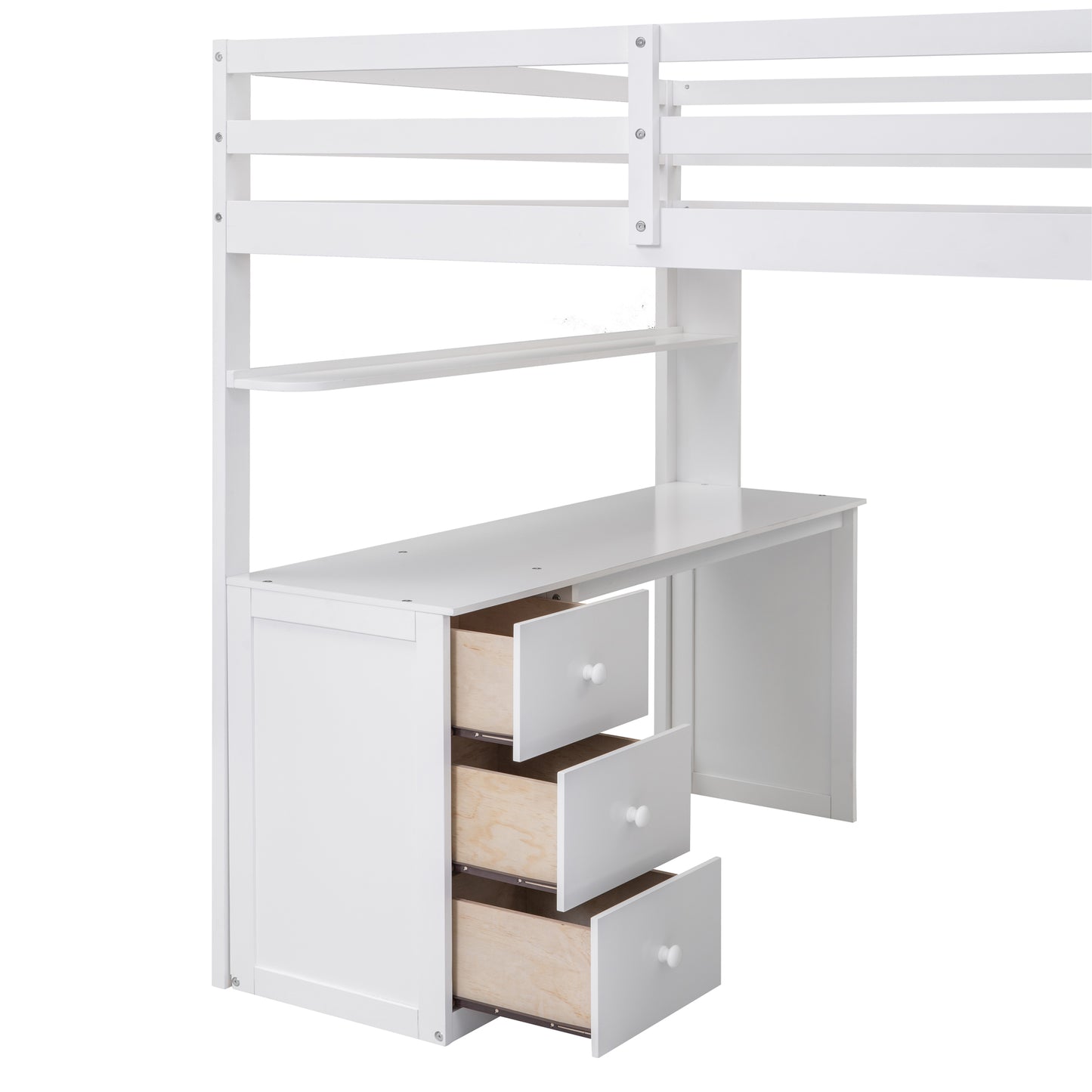 White wooden loft bed with integrated desk and three open drawers