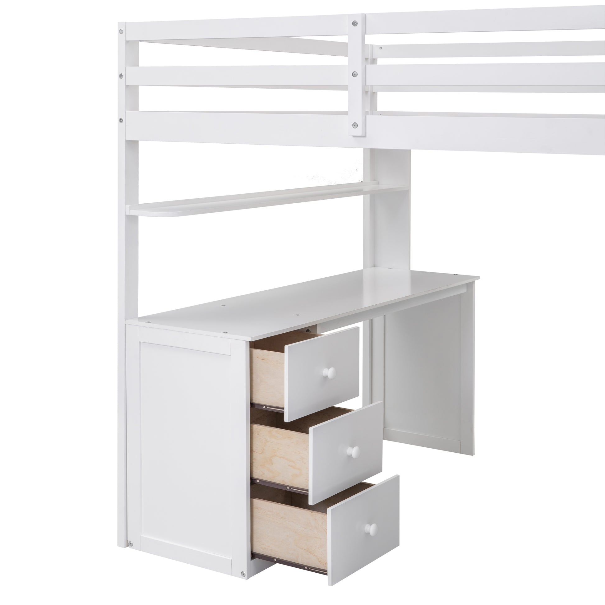 White wooden loft bed with integrated desk and three open drawers