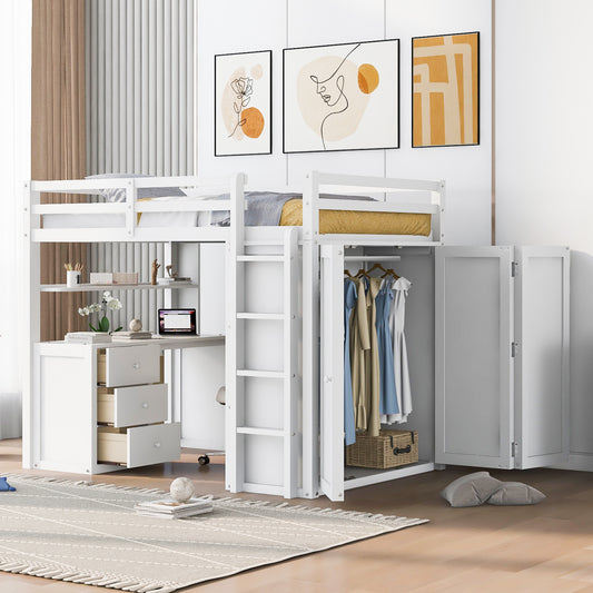 White loft bed with integrated desk shelves and wardrobe for kids room