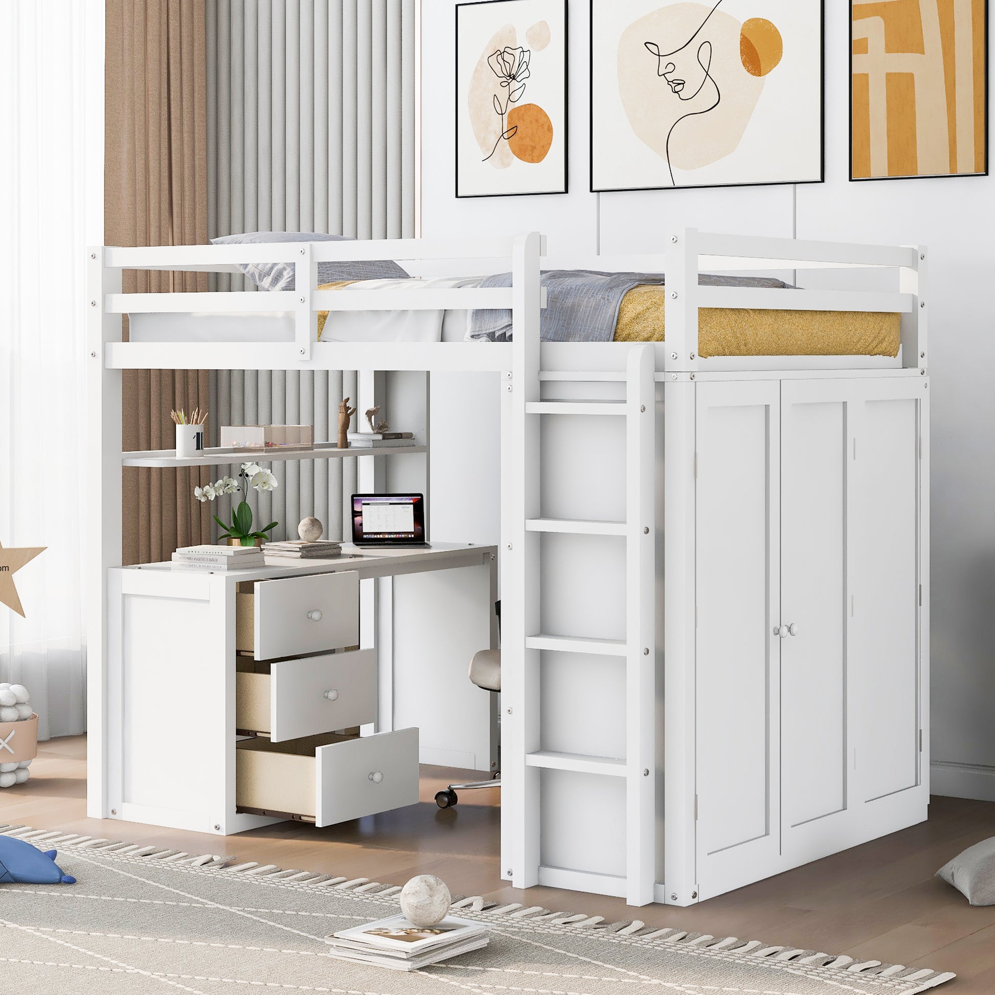 White loft bed with desk and closet
