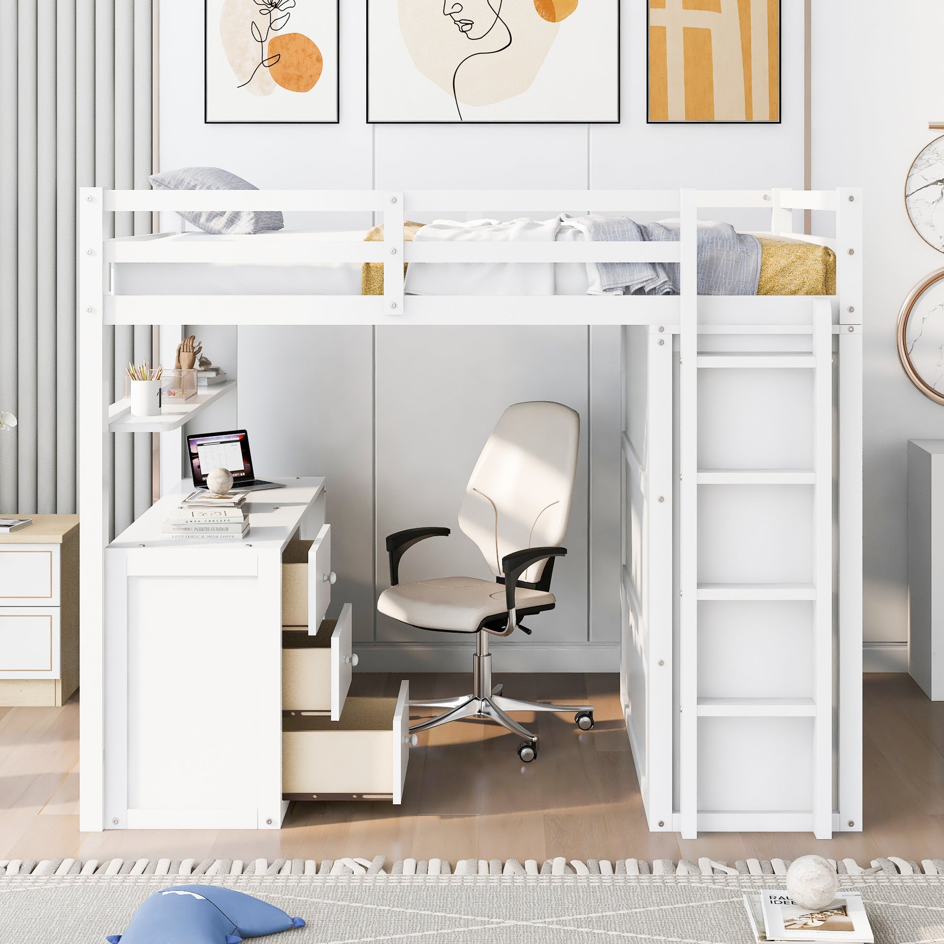 White loft bed with integrated desk and shelves