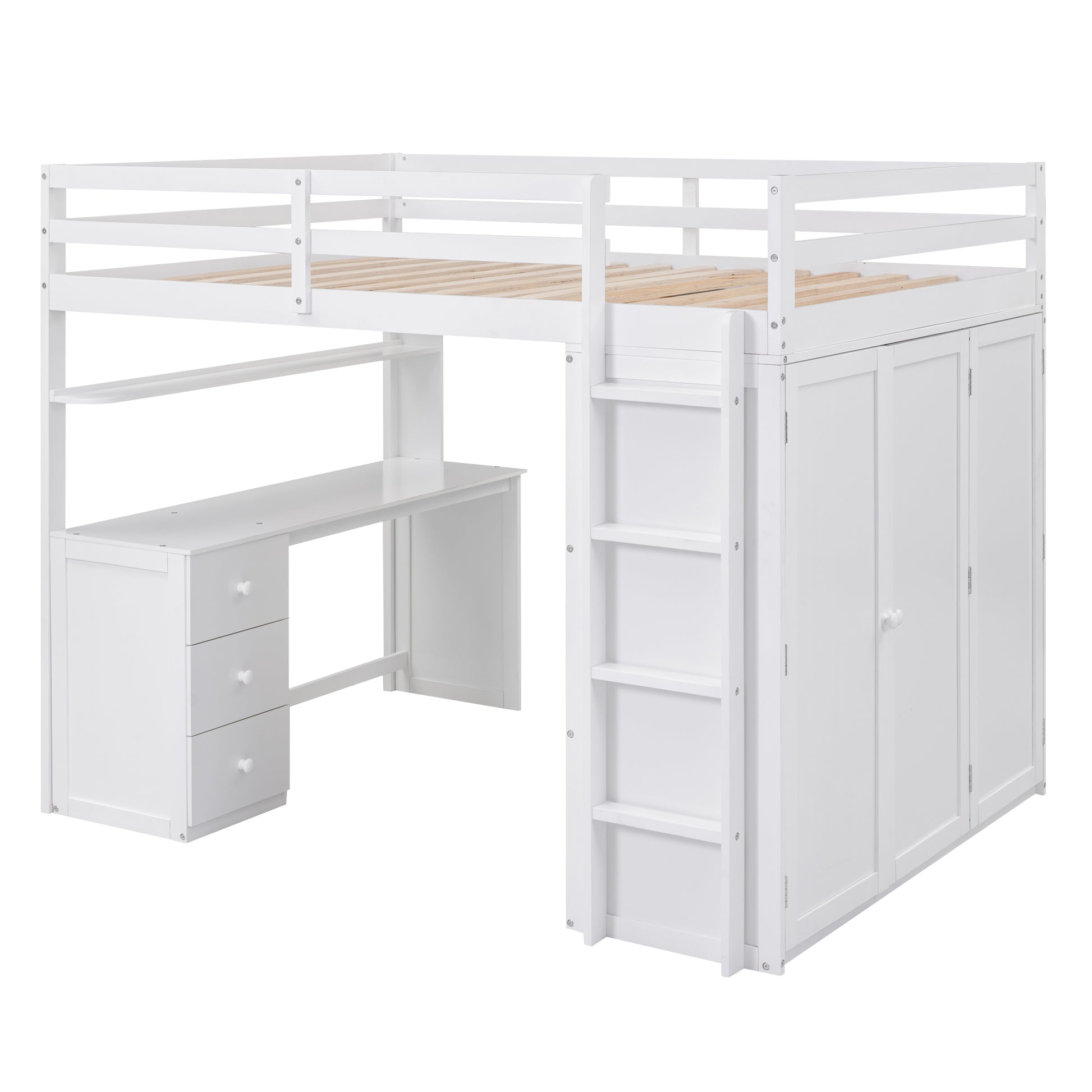 White loft bed with integrated desk and wardrobe perfect for small bedroom storage