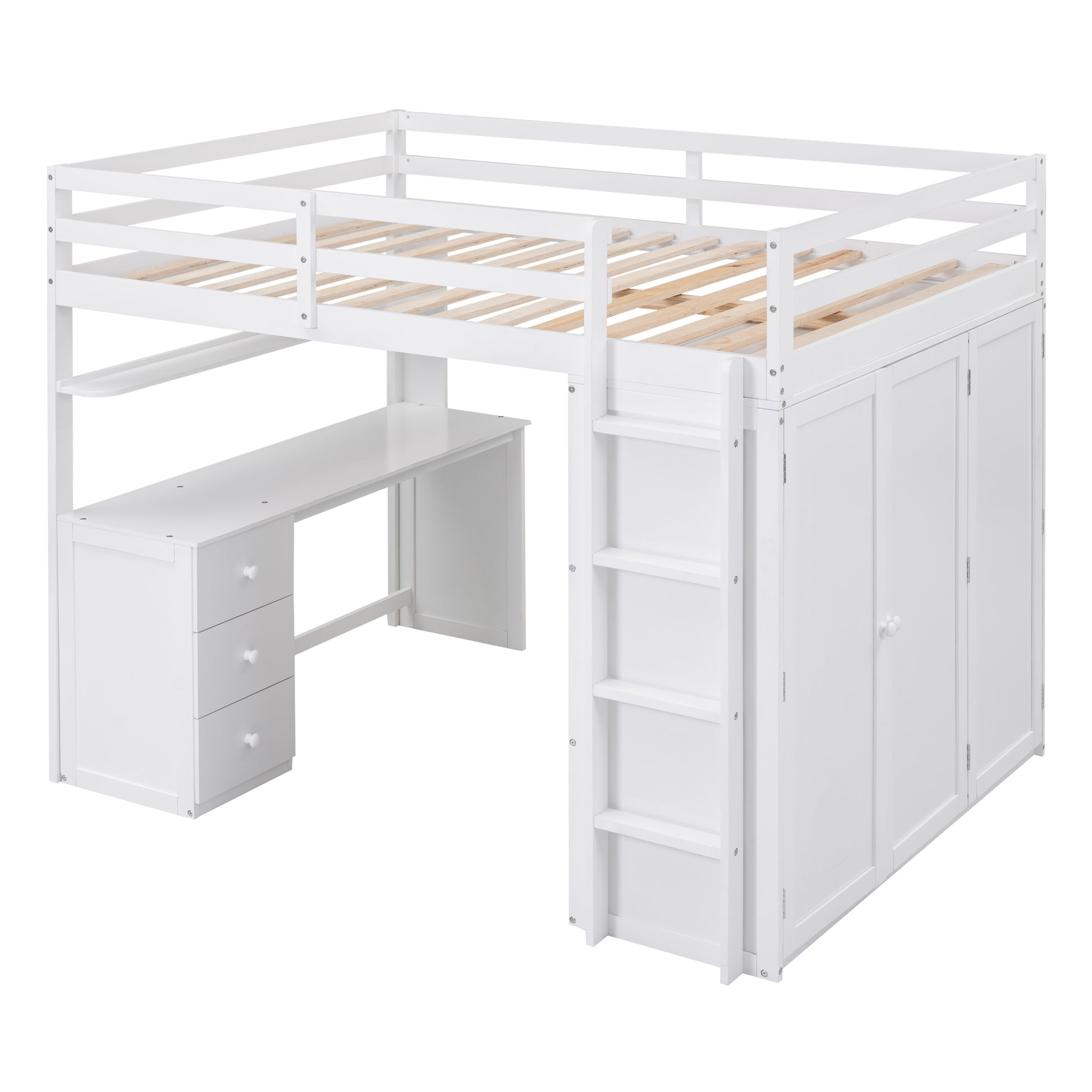 White loft bed with desk and storage cabinets