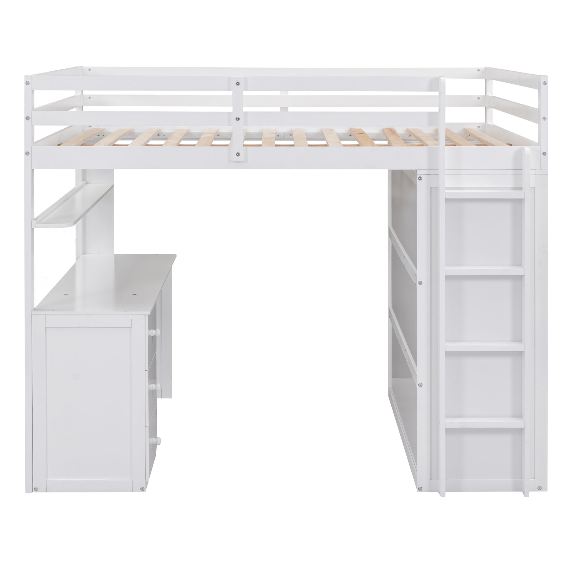 White loft bed with integrated desk and shelving