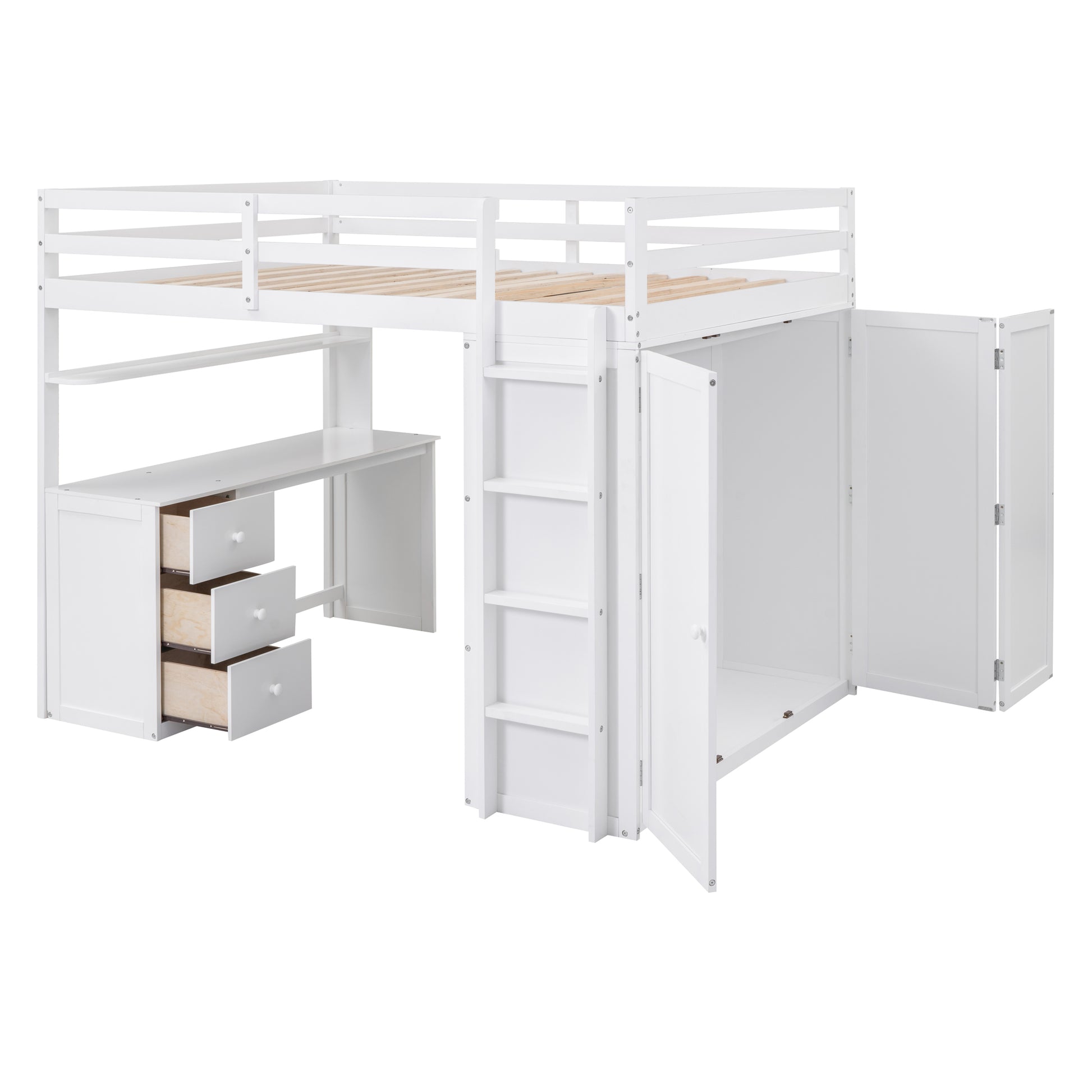 White wooden loft bed with integrated desk and wardrobe