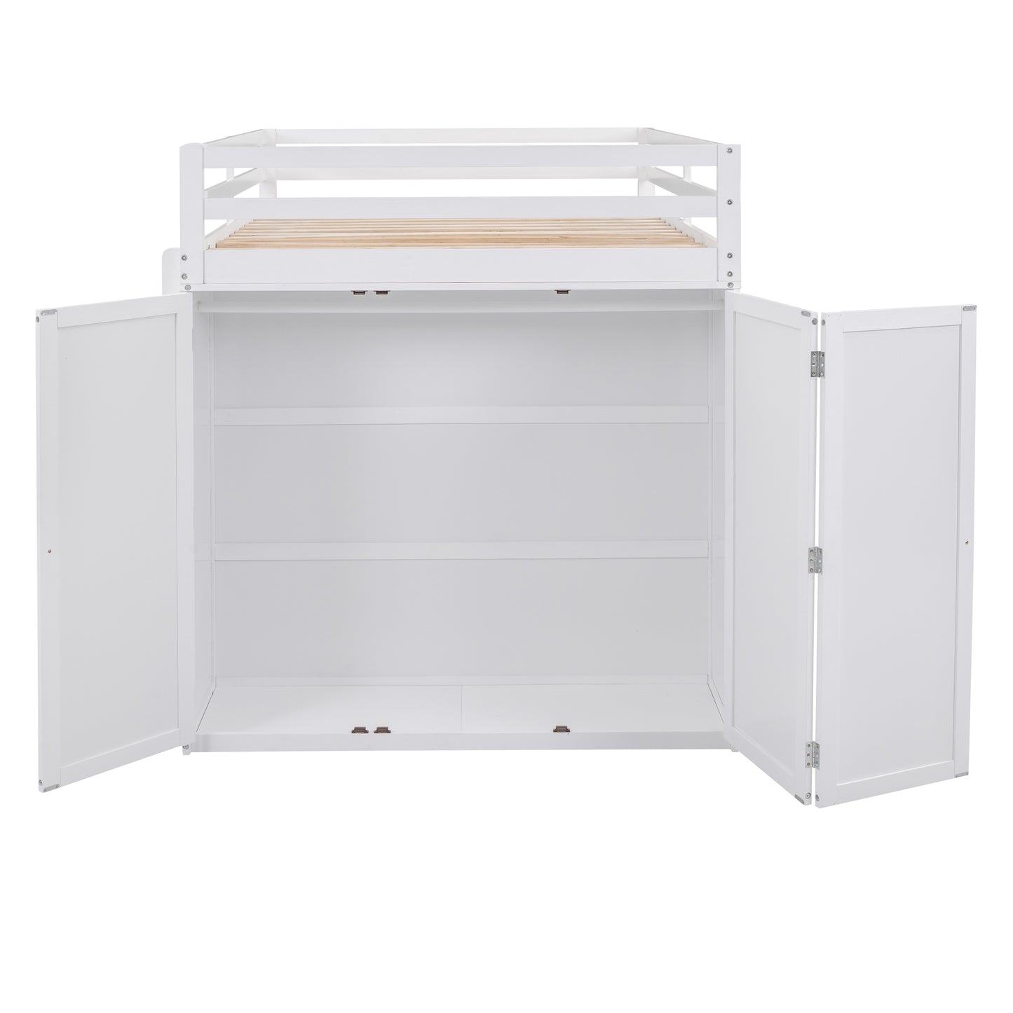 White wooden loft bed with open storage cabinet below and slatted mattress support