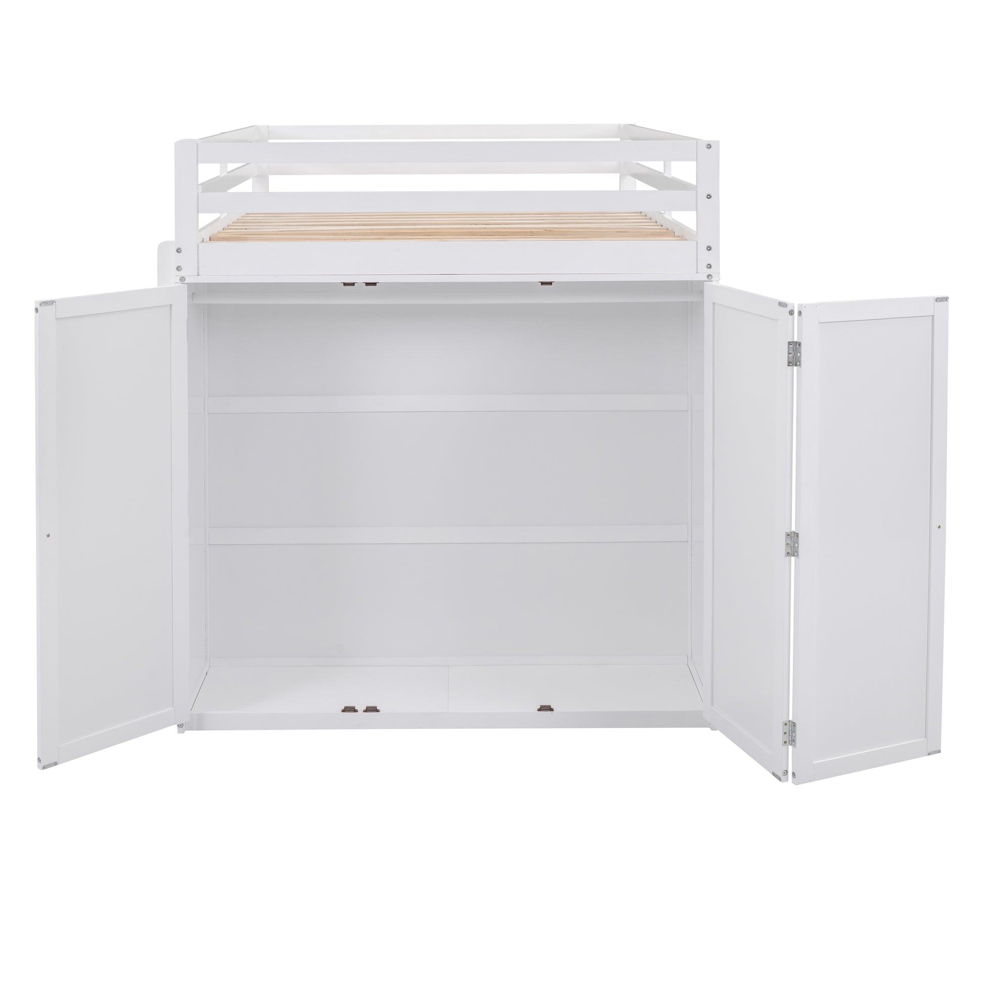 White wooden loft bed with open storage cabinet below and slatted mattress support