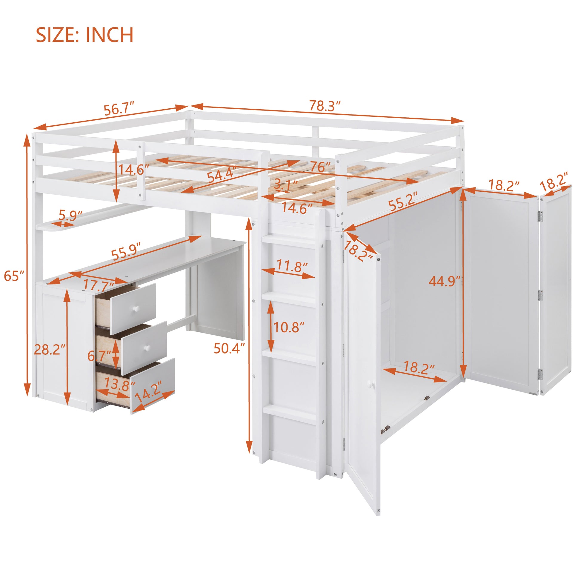 White loft bed with integrated desk drawers and cabinet storage Dimensions shown in inches
