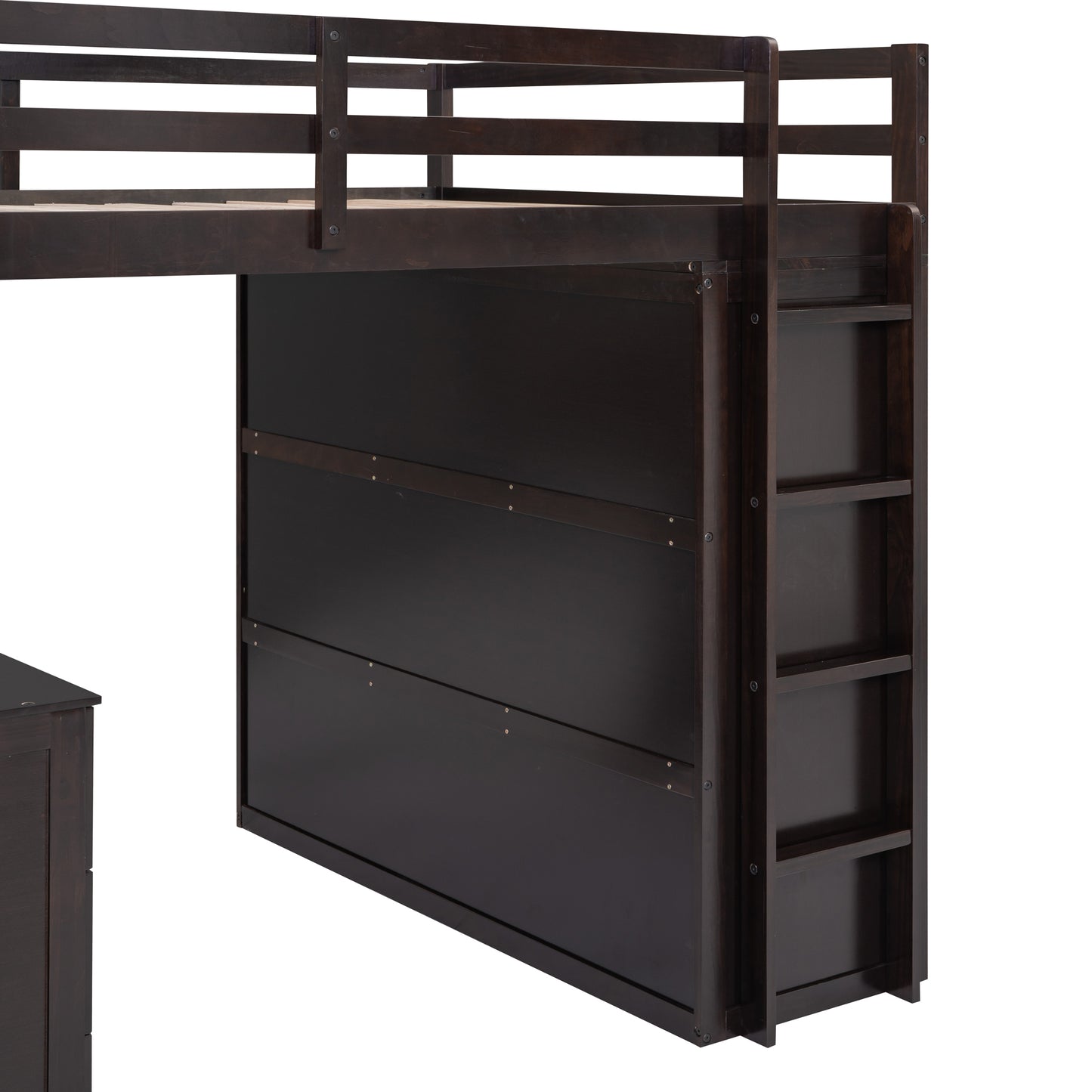 Dark espresso wood loft bed with integrated desk and ladder detail