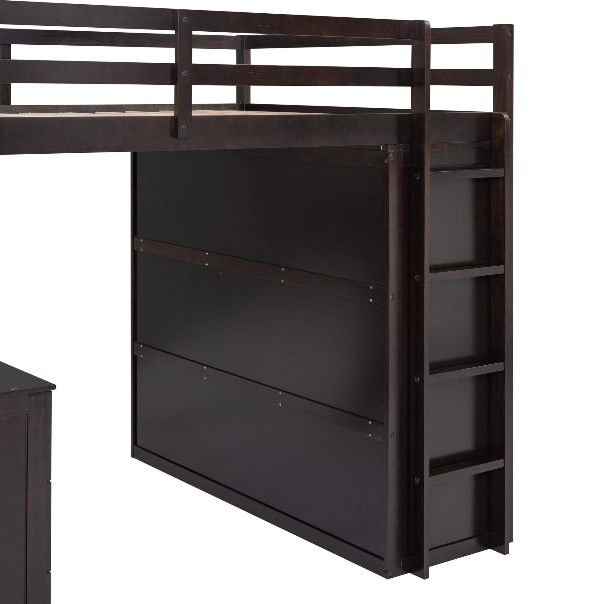 Dark espresso wood loft bed with integrated desk and ladder detail