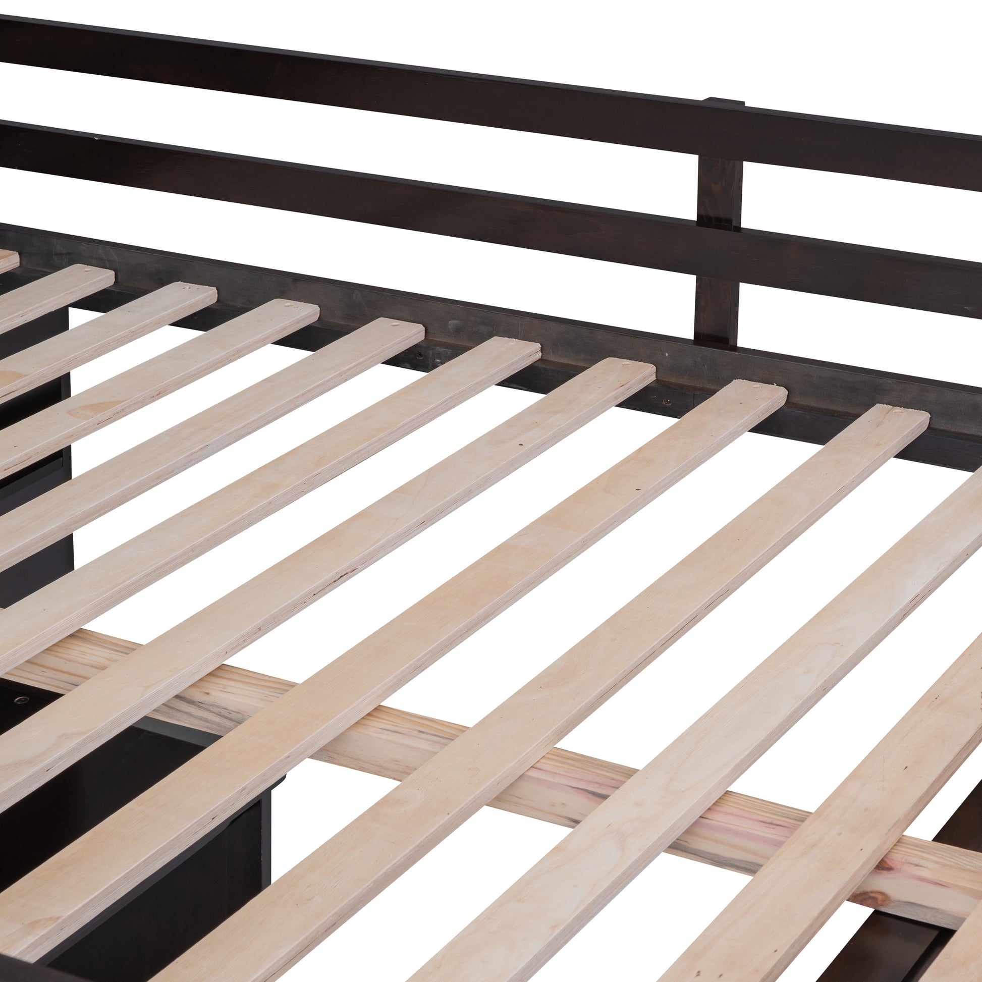 Dark brown wooden bed frame with light wood slats