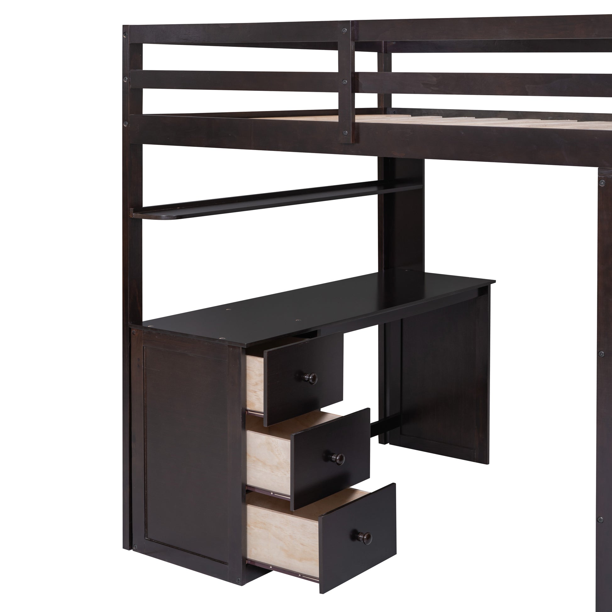 Dark wood loft bed with builtin desk and three open drawers