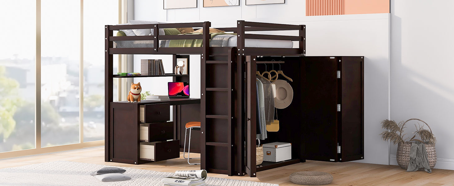 Dark wood loft bed with desk and integrated wardrobe for childrens room