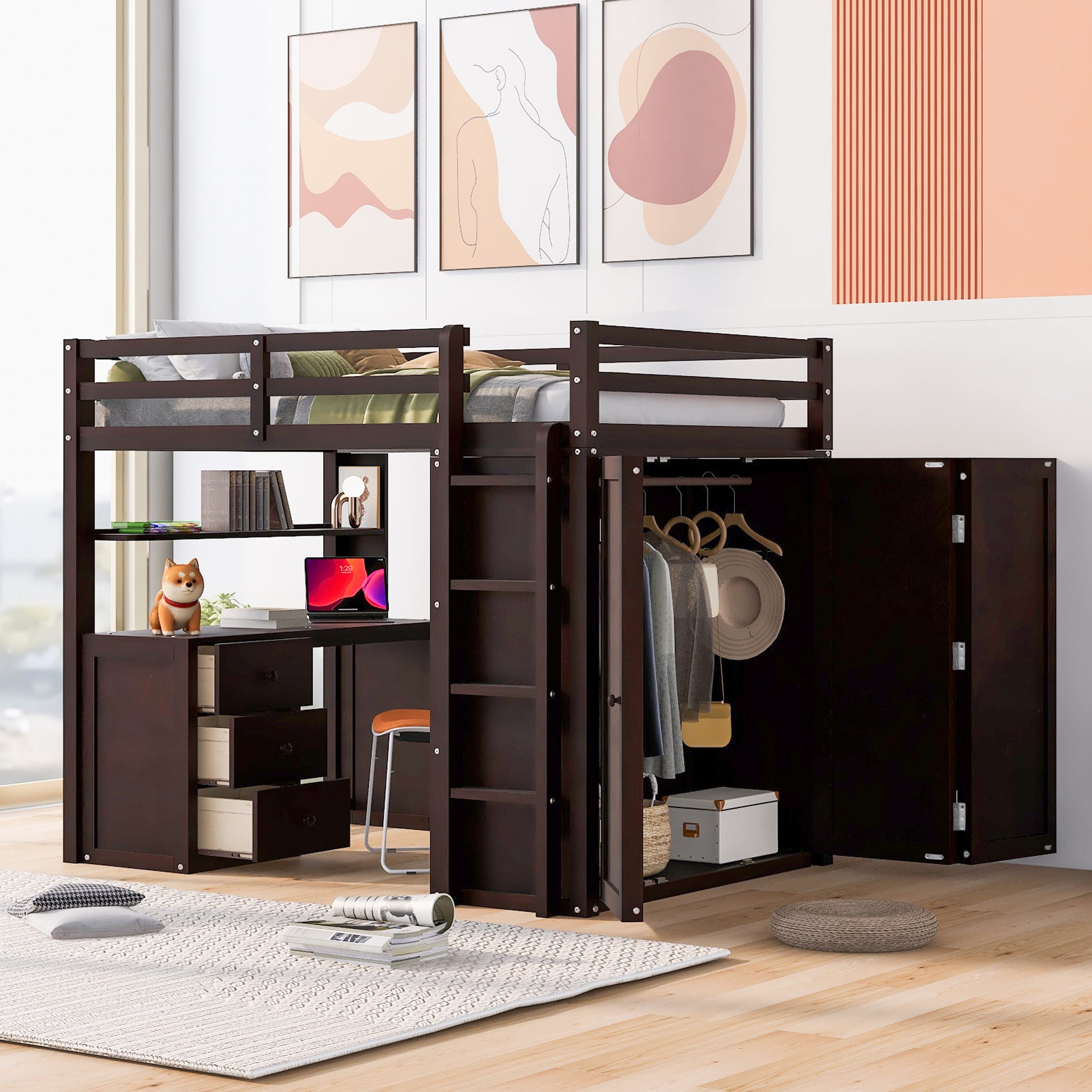 Dark brown loft bed with integrated desk and closet
