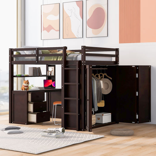 Dark brown loft bed with integrated desk and closet
