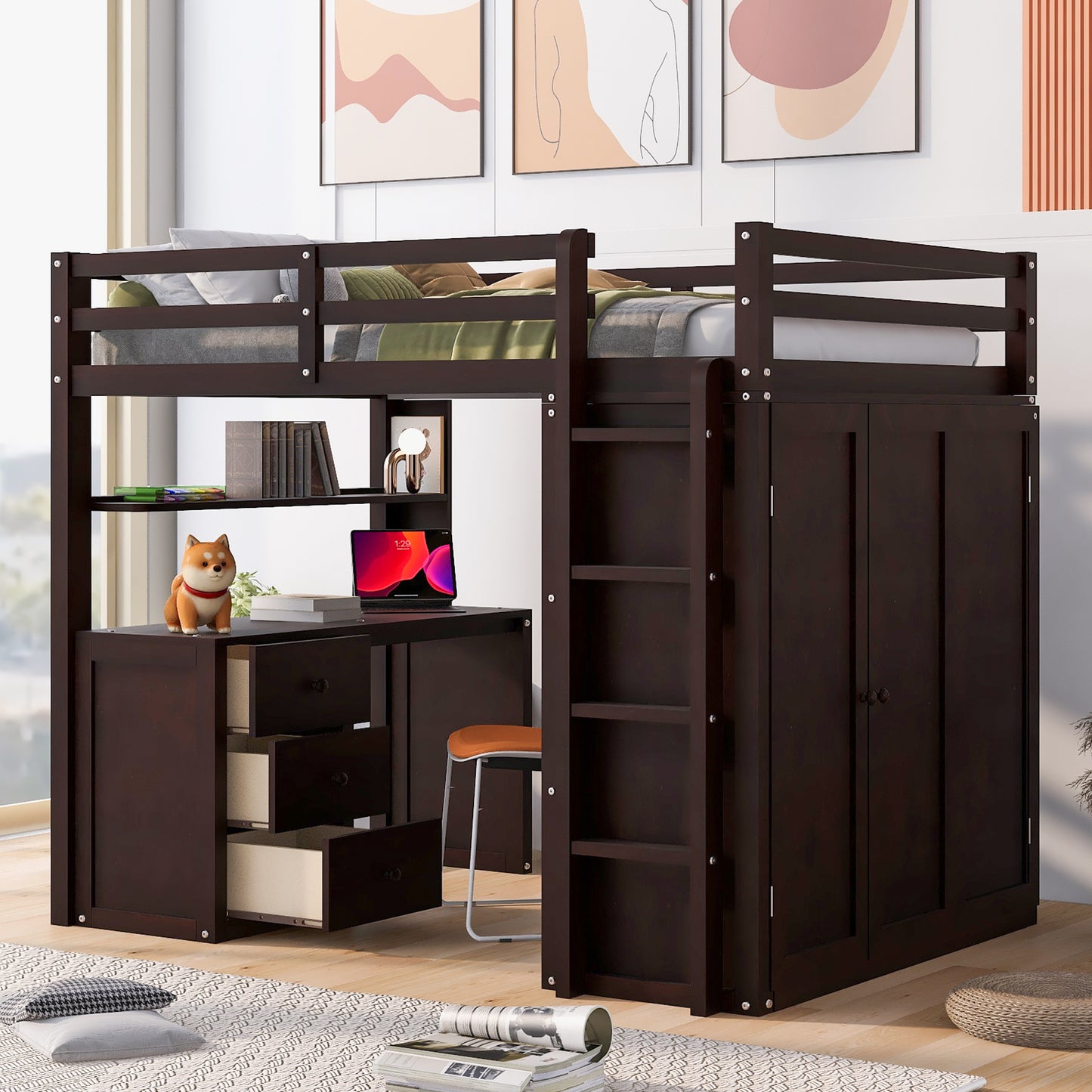 Dark brown loft bed with integrated desk and wardrobe