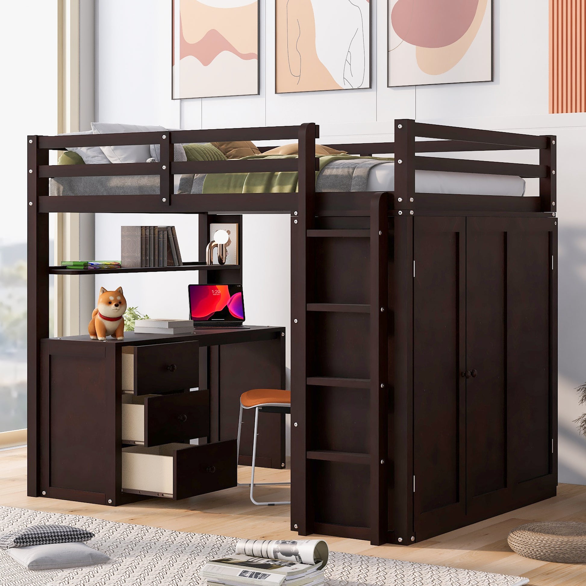 Dark brown loft bed with integrated desk and wardrobe