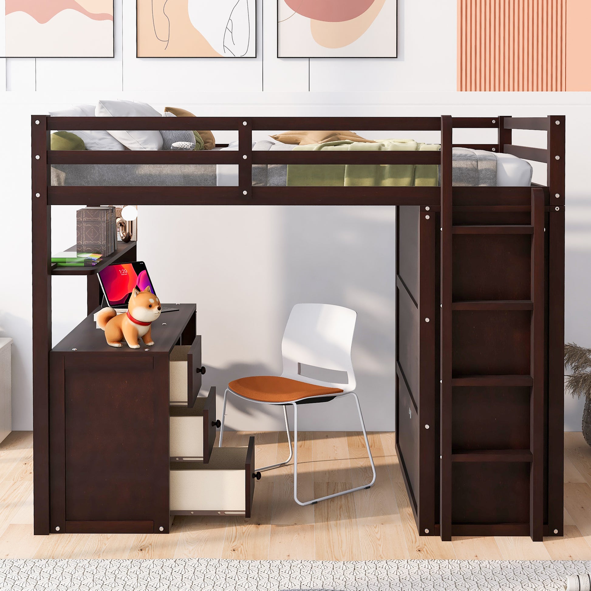 Dark brown wooden loft bed with integrated desk and storage drawers
