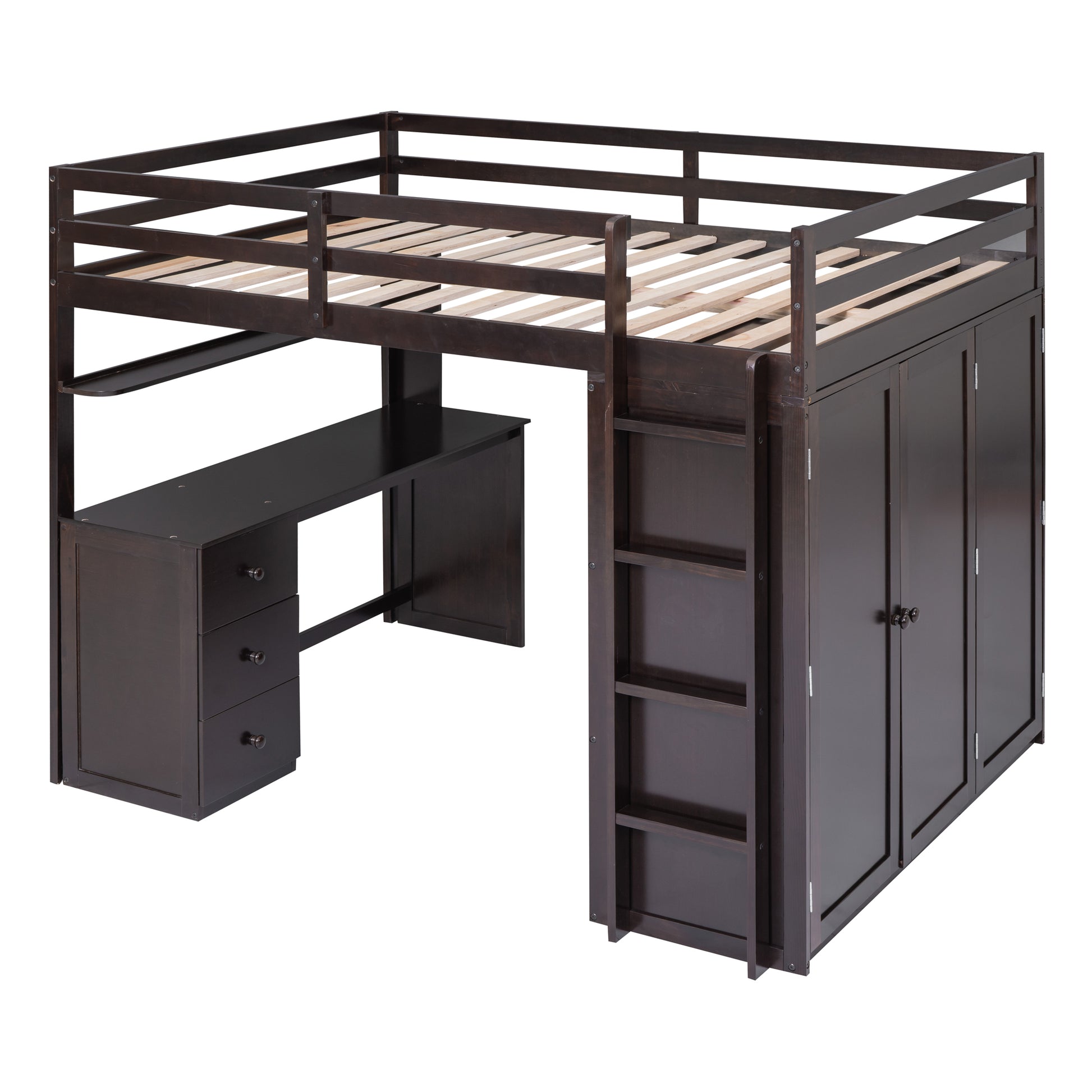 Dark espresso loft bed with integrated desk and cabinets