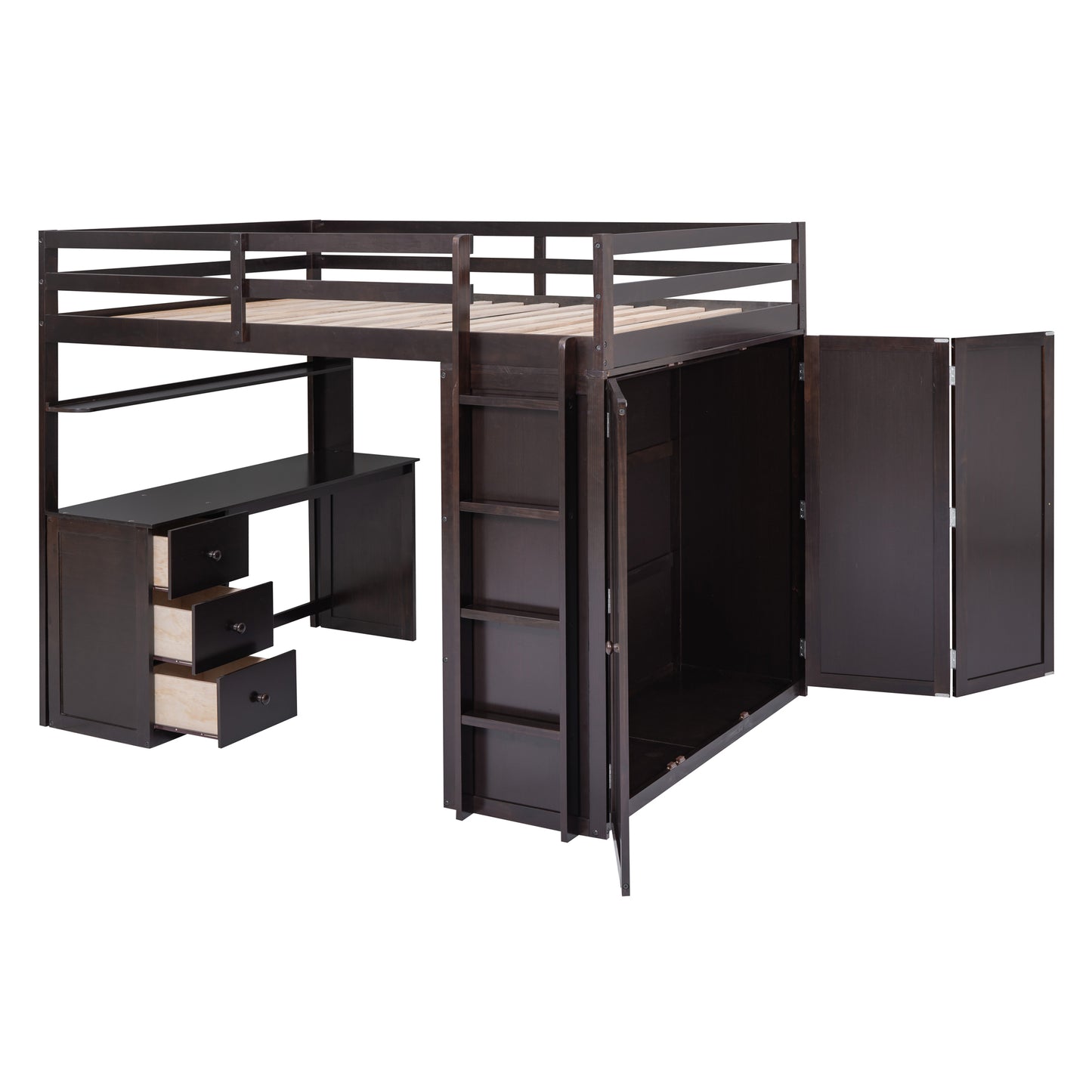 Dark brown wood loft bed with integrated desk wardrobe and drawers