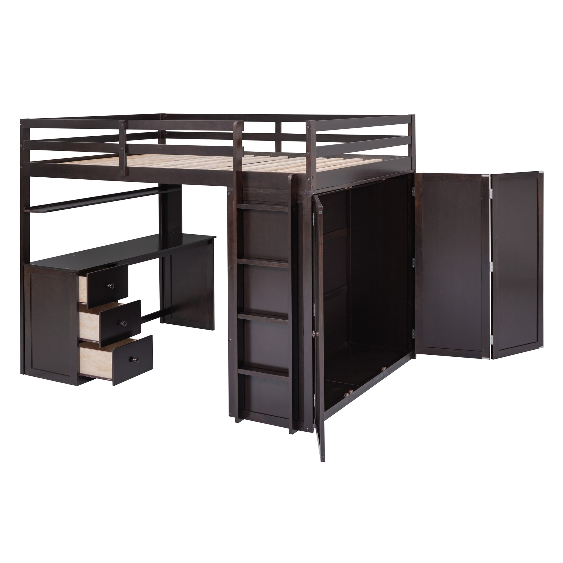 Dark brown wood loft bed with integrated desk wardrobe and drawers