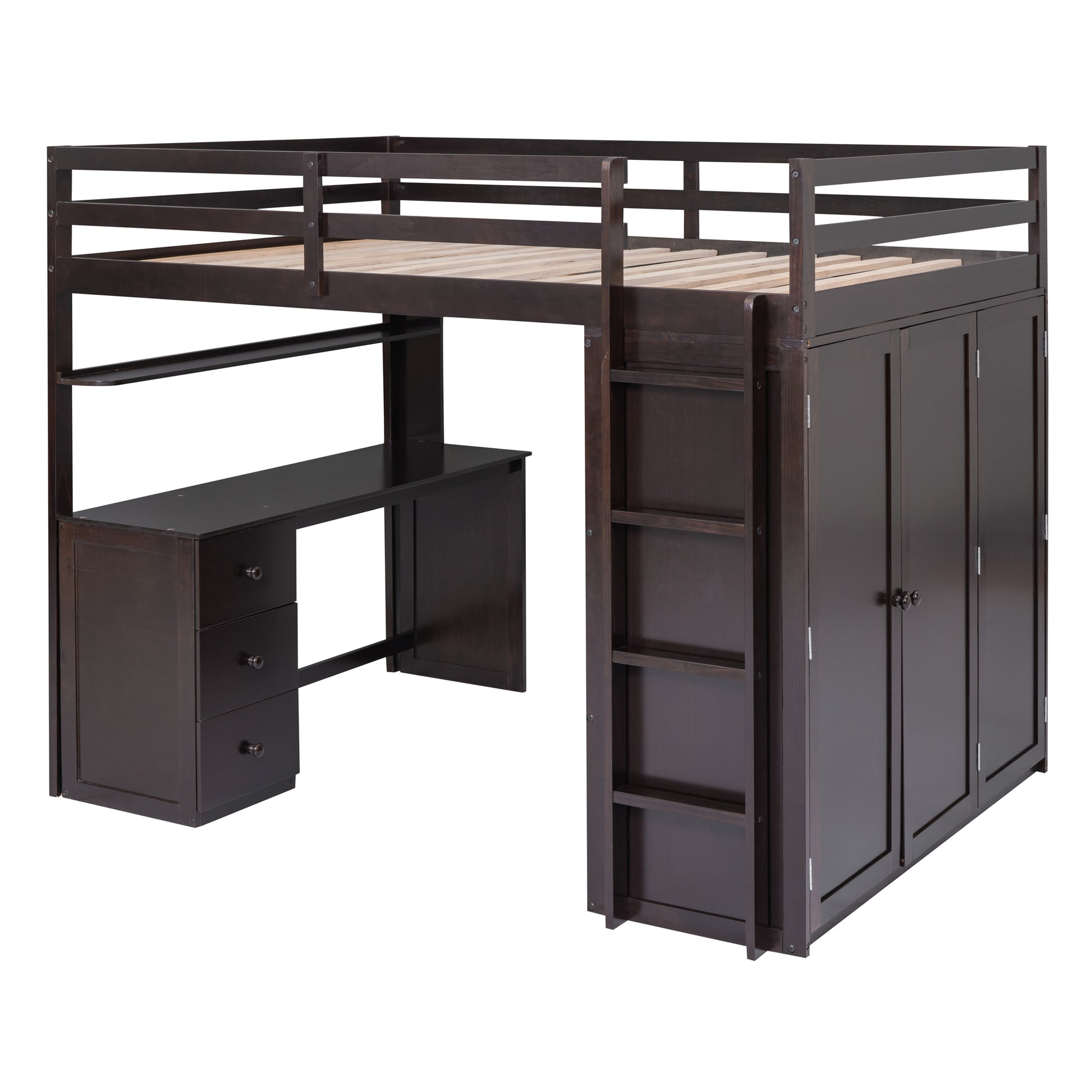 Dark brown loft bed with integrated desk and wardrobe