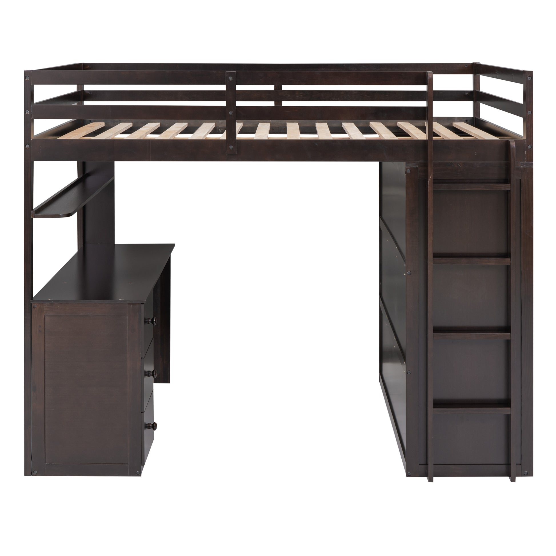 Dark wood loft bed with integrated desk and drawers