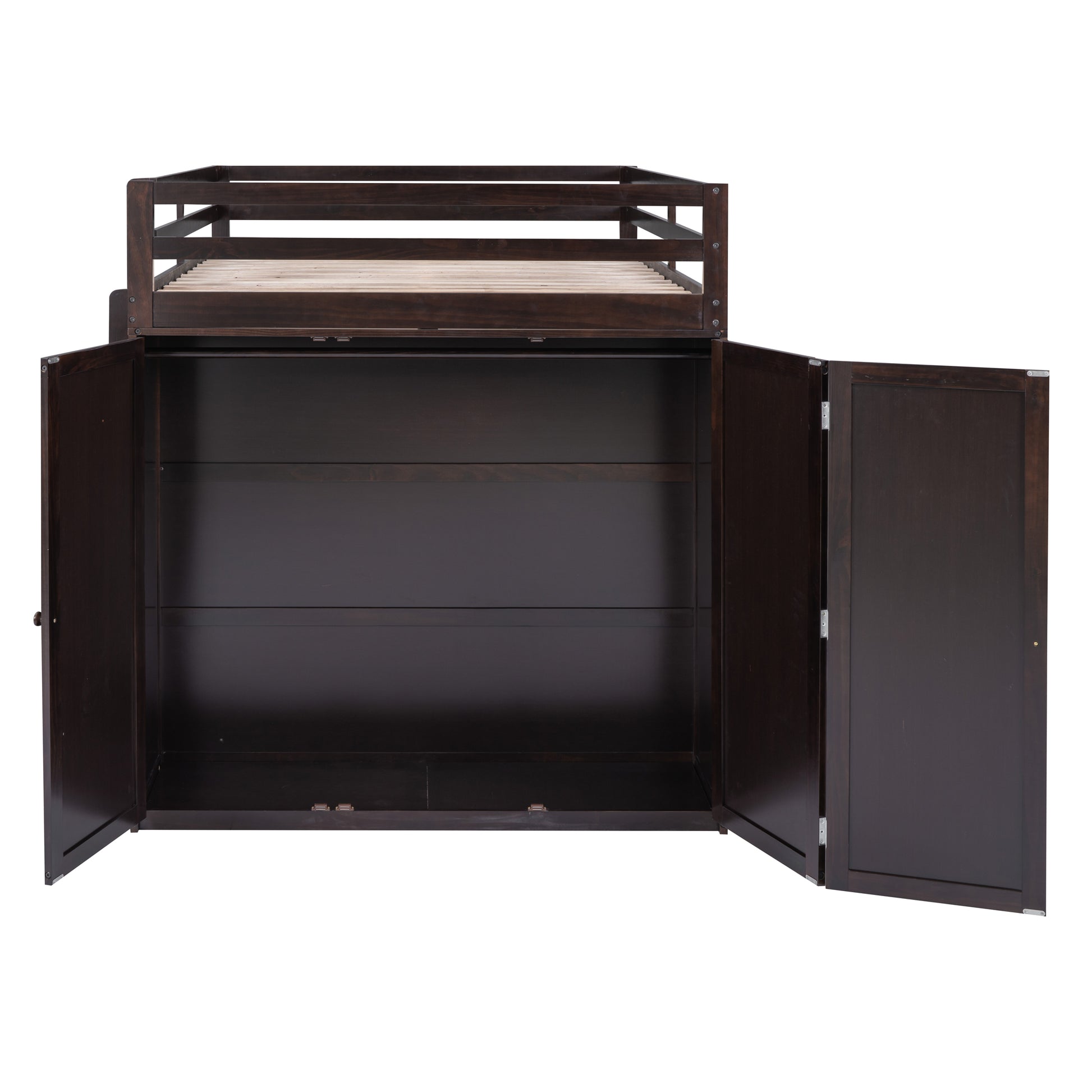 Dark wood loft bed with open cabinet doors underneath