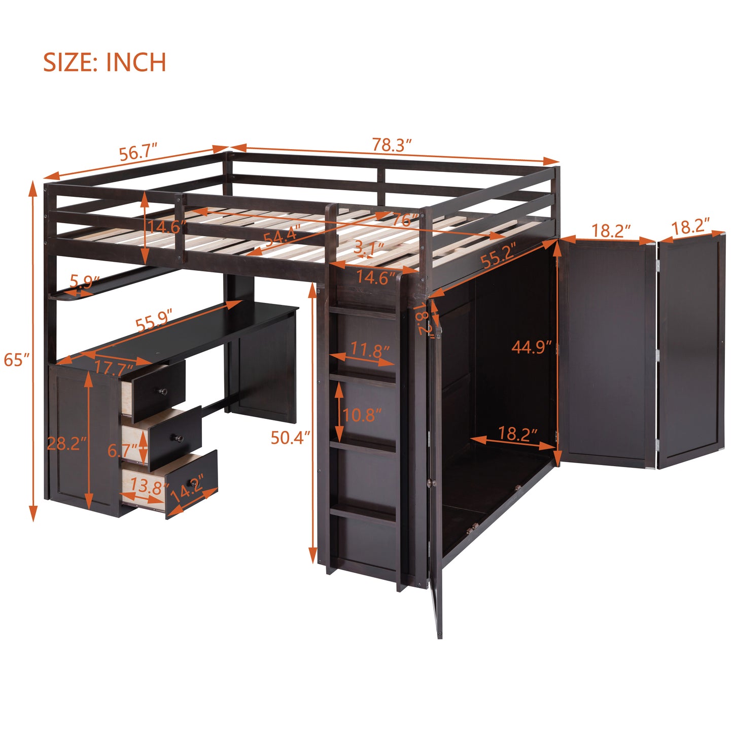 Dark brown loft bed with desk and wardrobe