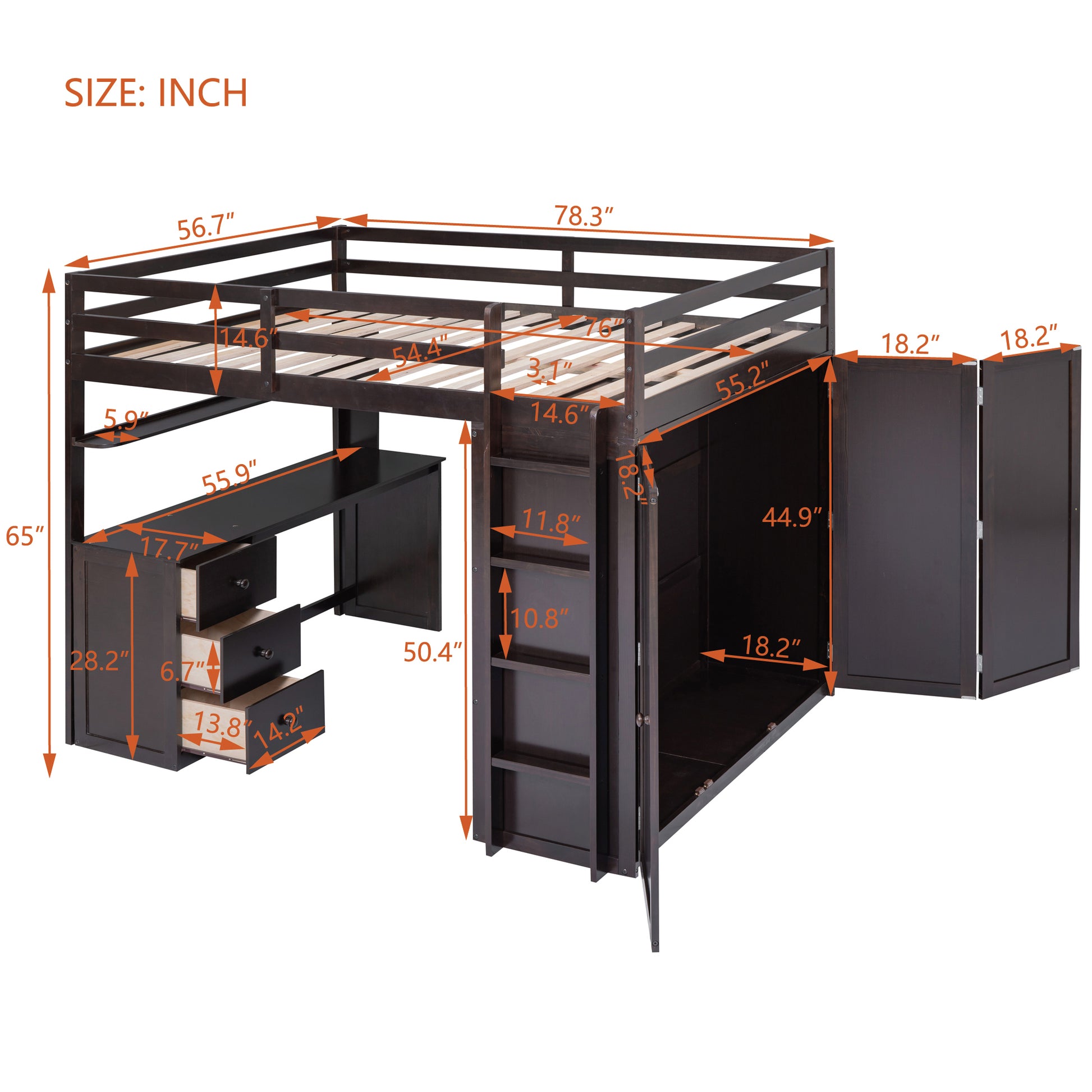 Dark brown loft bed with desk and wardrobe