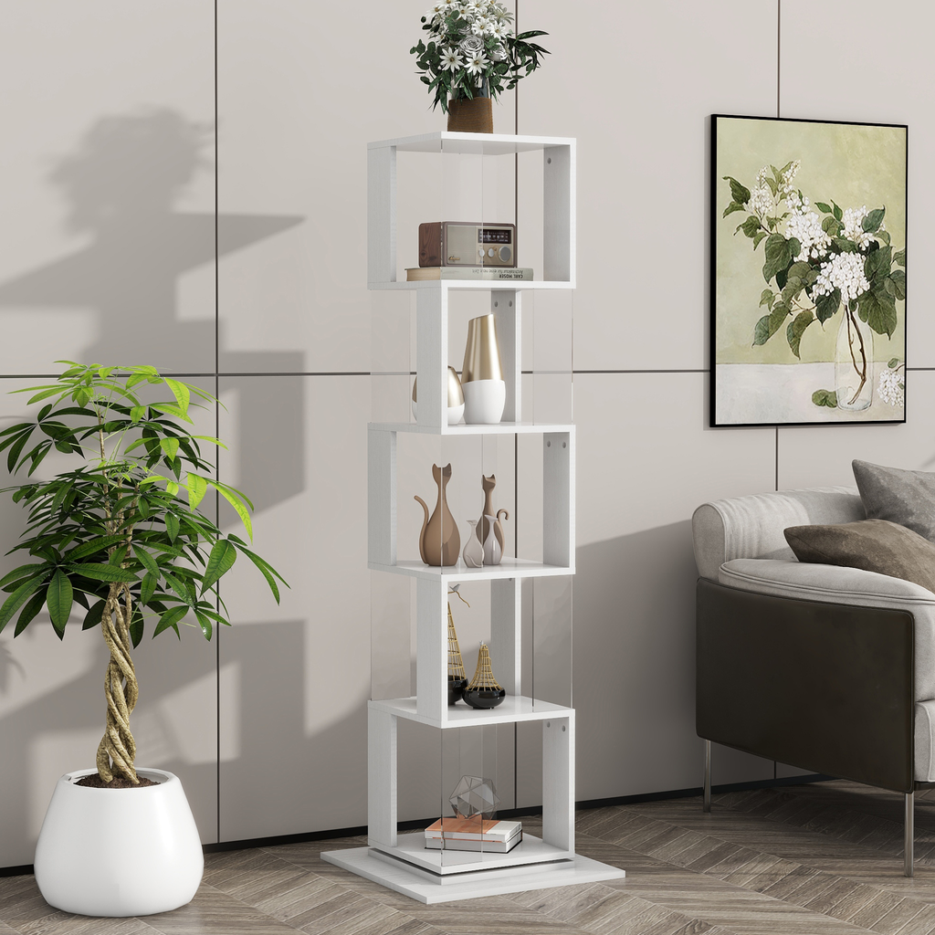 White modern shelving unit with five asymmetrical tiers