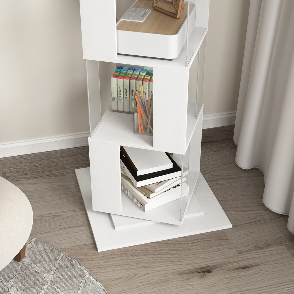 White tiered bookshelf with transparent acrylic dividers