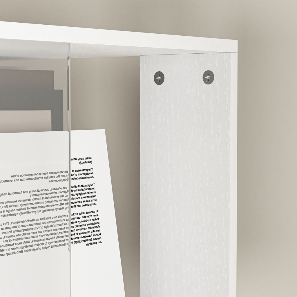 White wooden bookshelf with visible particle board edge