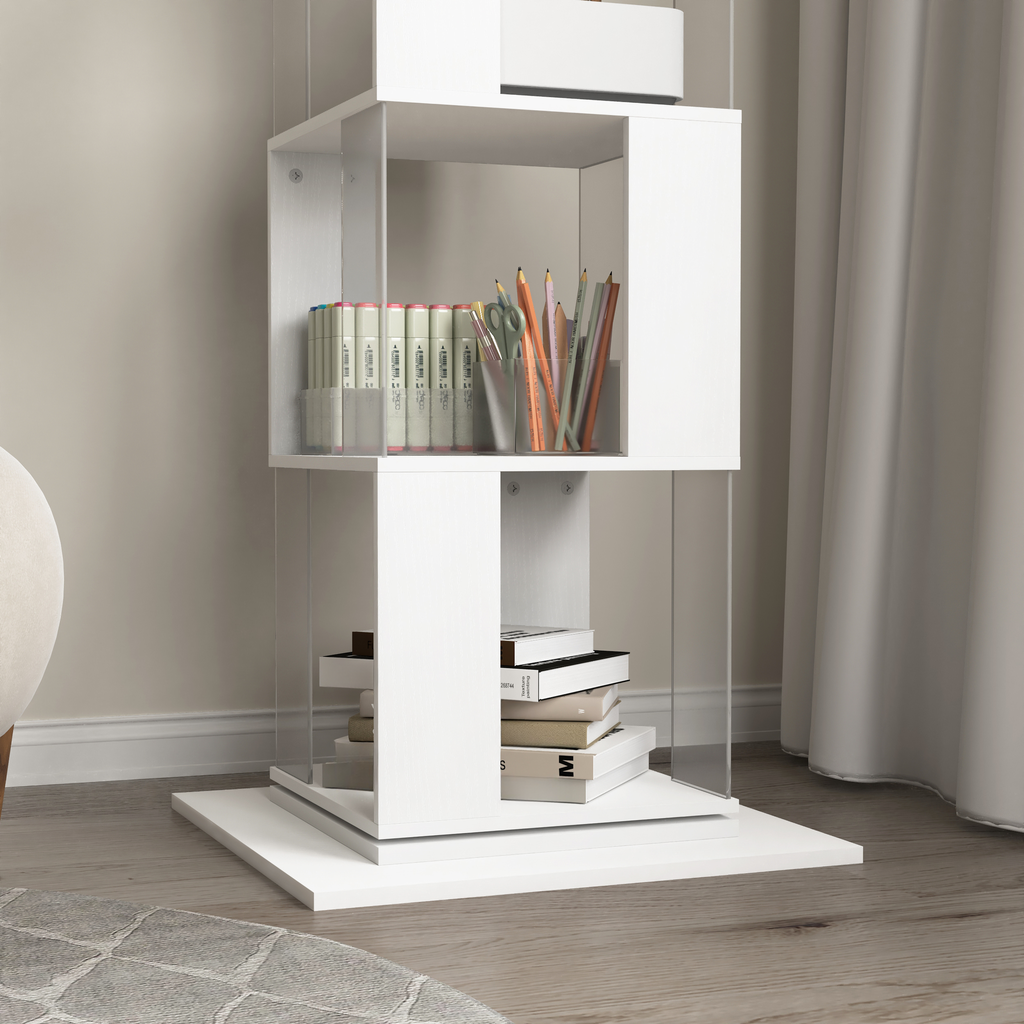 Modern white bookshelf with acrylic accents displaying markers and art supplies