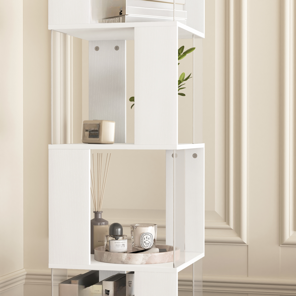 White modern geometric bookshelf with decorative items