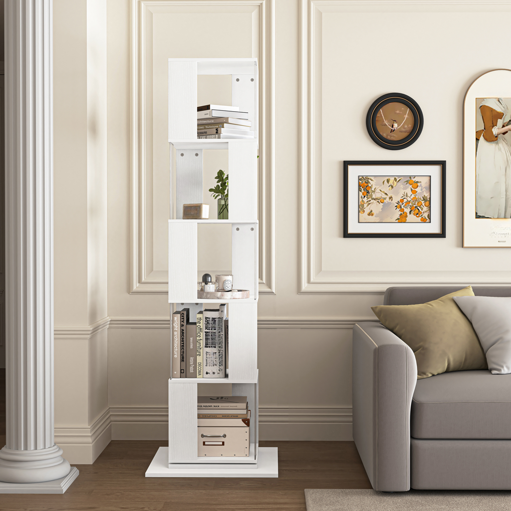 White modern cube bookshelf with books and decor