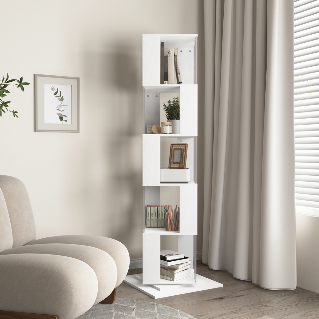 Modern white corner shelving unit with books and decor