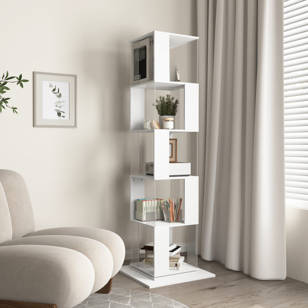 Modern white cube bookshelf with clear acrylic sides and books displayed