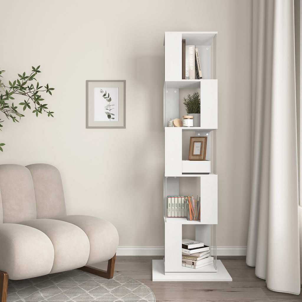 Modern white rotating bookshelf with staggered shelves